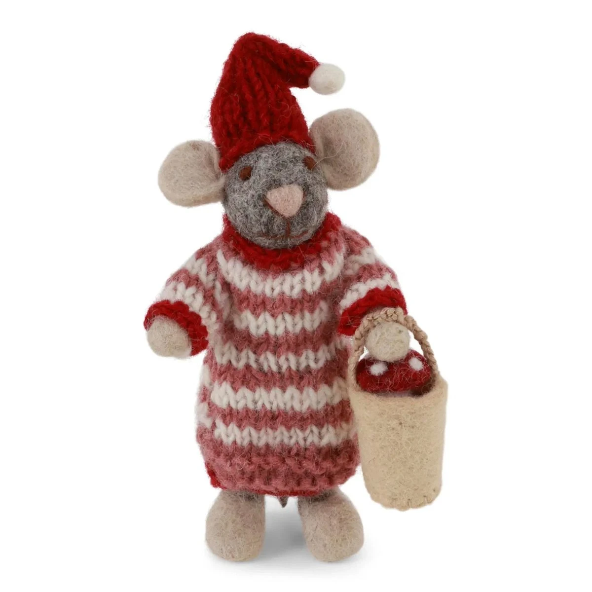 Ozdoba filcowa Small Grey Girly Mouse in Dress with Mushroom in Bucket