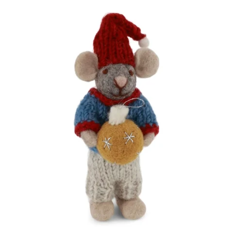 Ozdoba filcowa Small Grey Boy Mouse wih Chrismas Bauble