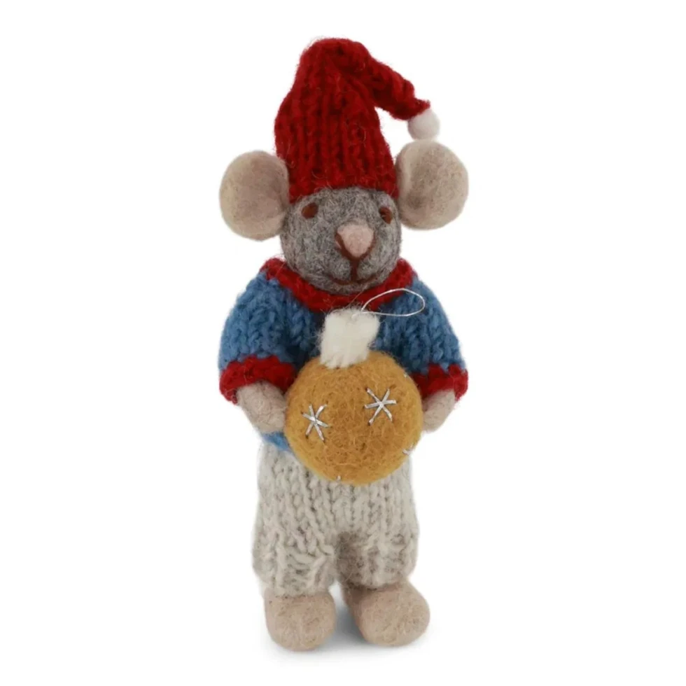 Ozdoba filcowa Small Grey Boy Mouse wih Chrismas Bauble