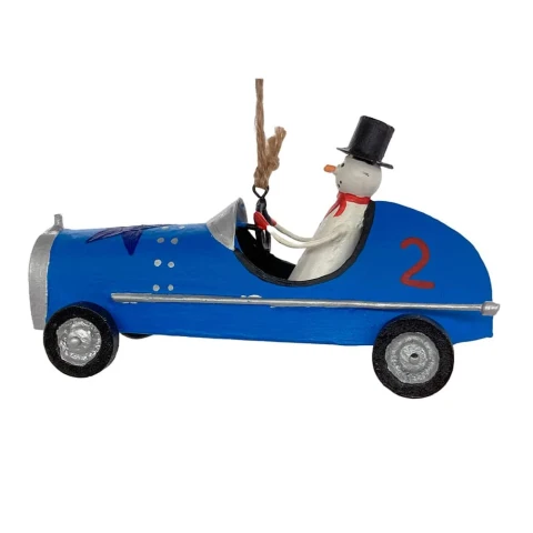 Ozdoba Snowman In Blue Sport Car