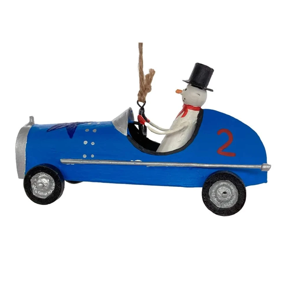 Ozdoba Snowman In Blue Sport Car