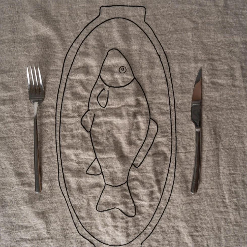 Bieżnik z haftem Festive Season, natural/off white, 50x180cm